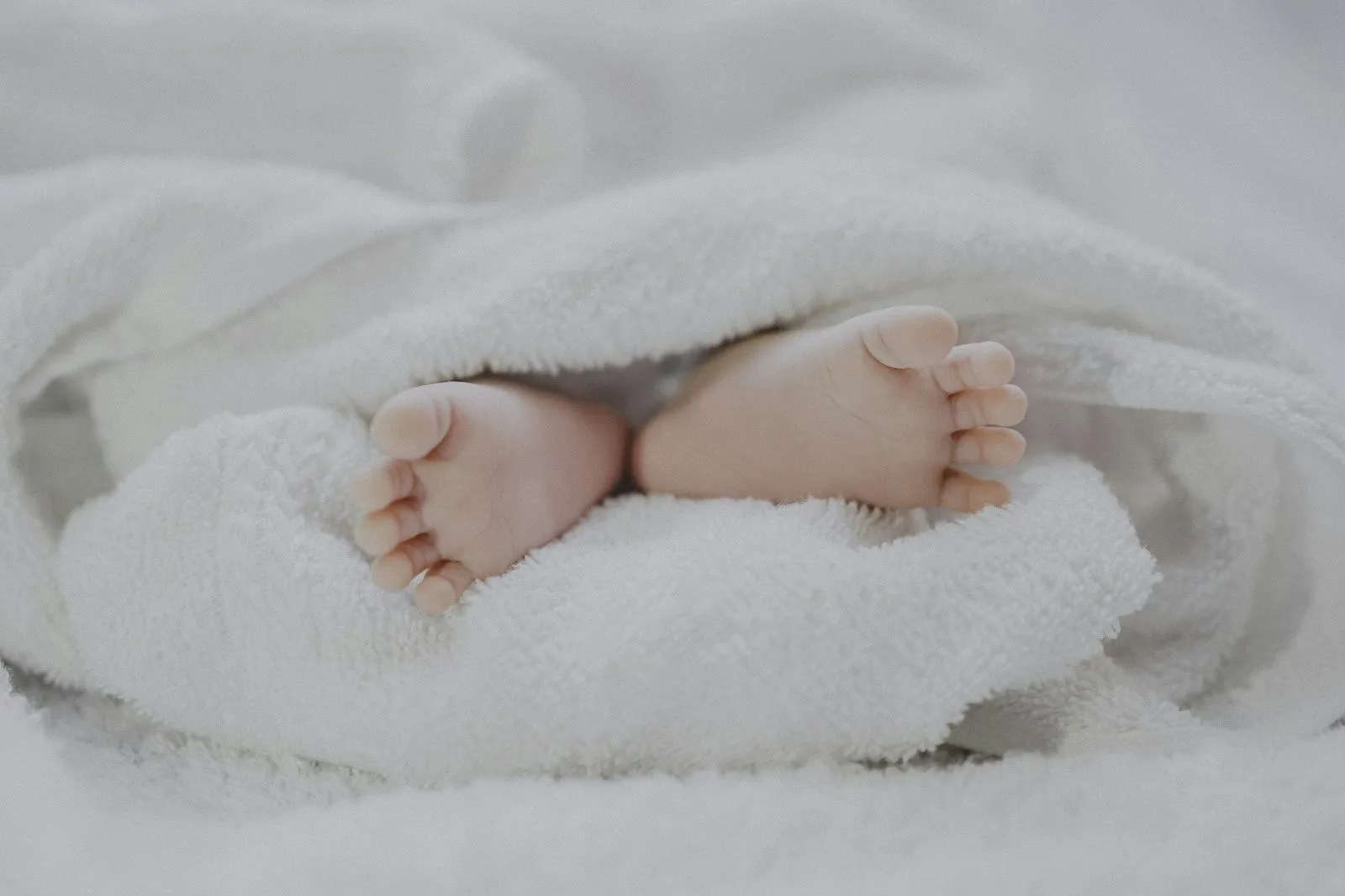 A newborn baby's feet wrapped in a white blanket