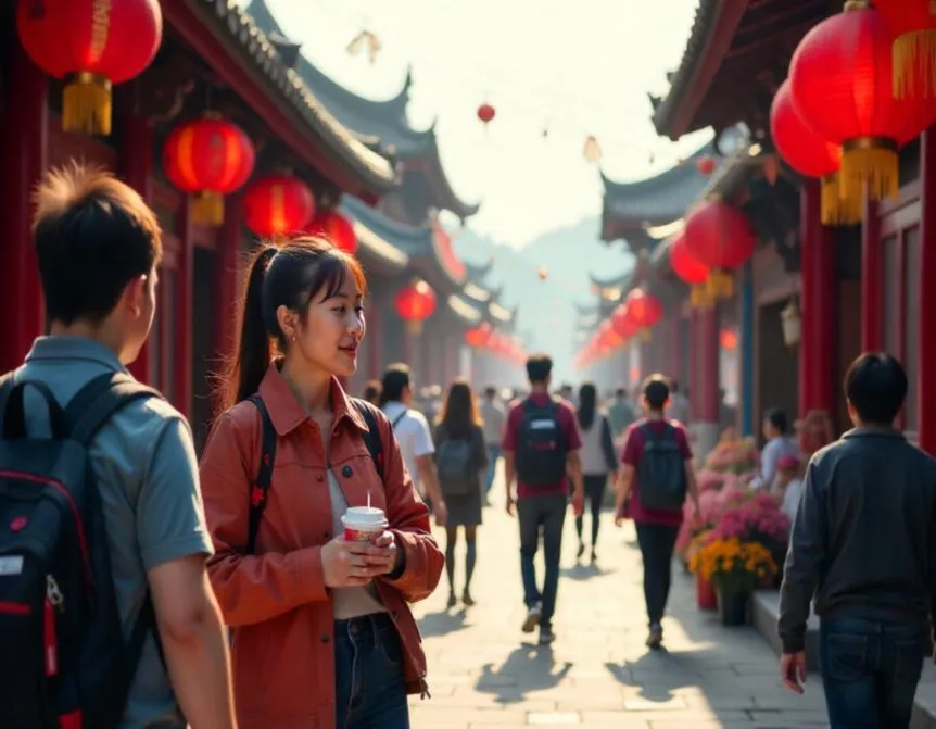 Travelers walking down a lantern-lined street in China
